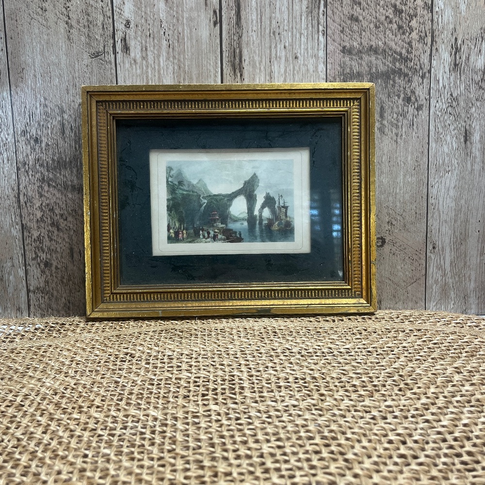 Vintage Gold Ornate Framed Asian Landscape Print Black Mat Wall Art 7x9